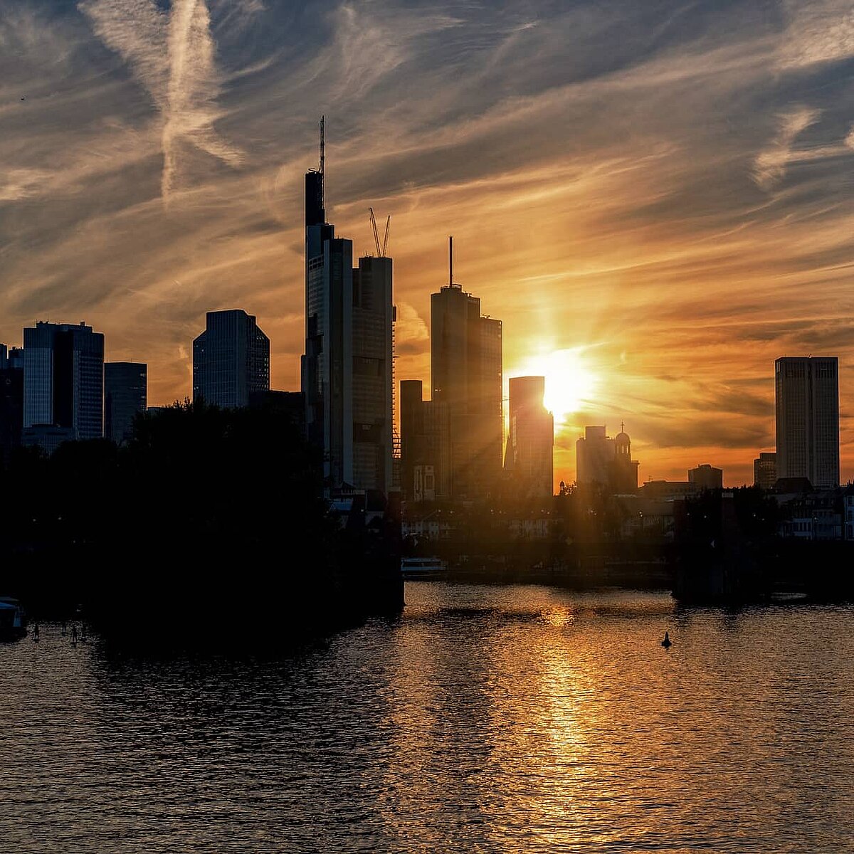 Skyline einer großen Stadt bei Abendsonne